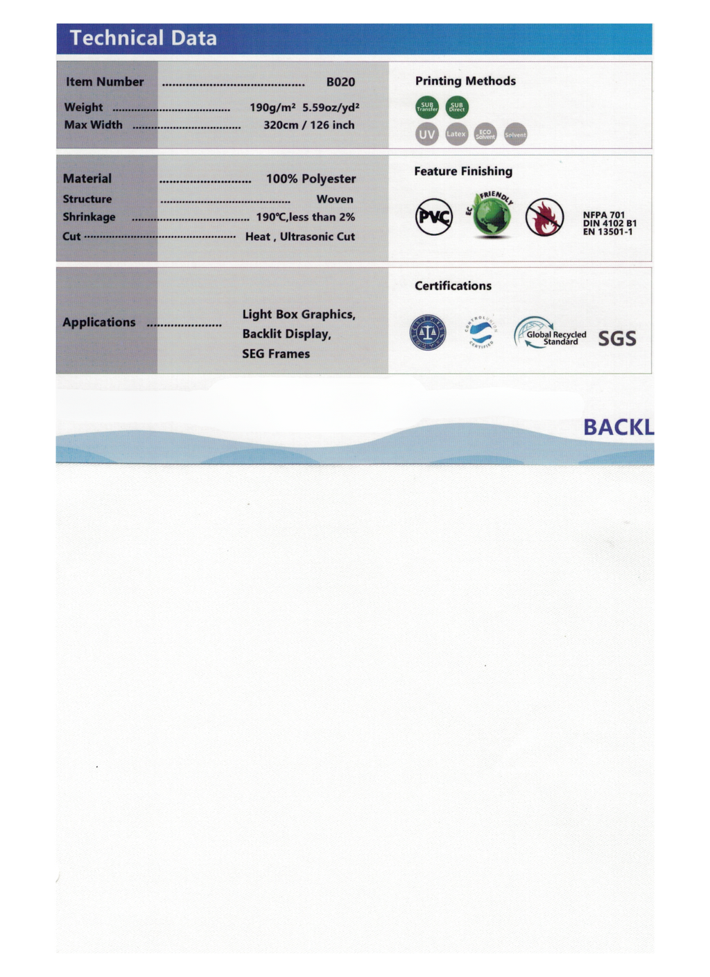 Rollo tela Backlite 190 g