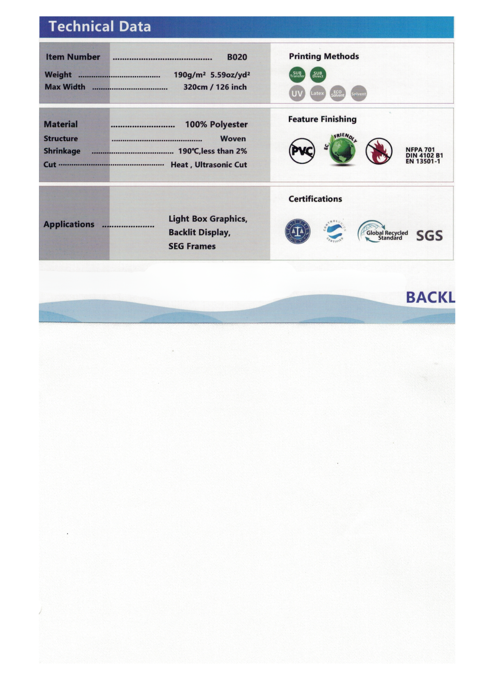 Rollo tela Backlite 190 g